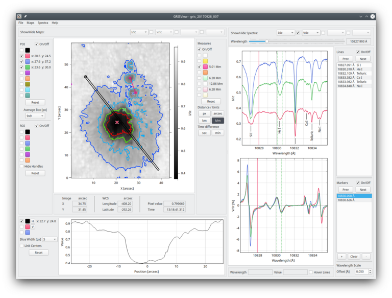 Bildschirmaufnahme des Interfaces von GrisView, einem graphischen Werkzeug zur Analyse von Spektropolarimetrie-Daten